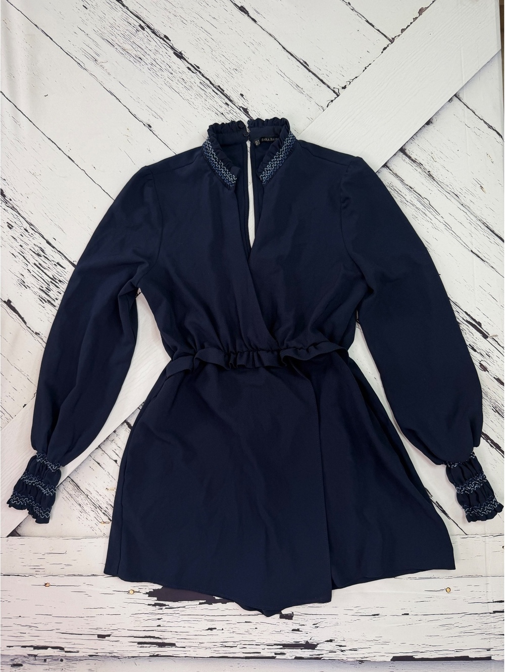 Zara Boho Indie Y2K Navy Blue Ruffle Trim Romper Women Medium Coquette Chic